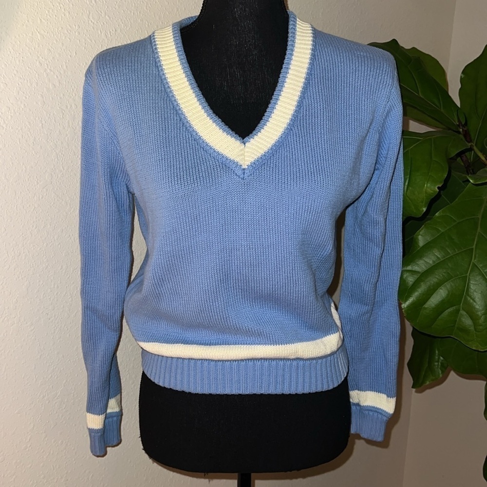 Brandy Melville Teen’s 100% Cotton V-Neck Blue White Sweater Jumper Size XS